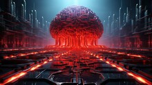 Evil Red AI Brain In Data Center. Danger Of Strong Artificial Intelligence, Threat To Humanity, Future Risk Of Bad Scenario, Creating Dangerous ASI, Scary Superintelligence