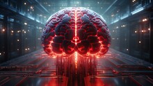 Evil Red AI Brain In Data Center. Danger Of Strong Artificial Intelligence, Threat To Humanity, Future Risk Of Bad Scenario, Creating Dangerous ASI, Scary Superintelligence
