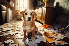 Naughty Dog Made A Mess At Home, Tore Up Papers And Documents Messy Floor, Crazy Dog Behavior While Alone In The Room