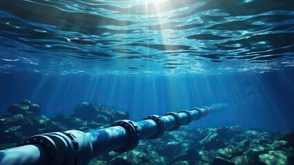 Underwater pipeline for oil and gas transport, subsea industry equipment at sea bottom, metal conduit in blue ocean, petroleum production and energy supply technology