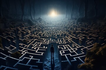 Wall Mural - Man in surreal maze, facing labyrinth challenge, complex problem decision, strategy for success, concept of life obstacles and solutions