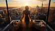 Successful woman standing on luxury balcony, back view of rich female silhouette at sunset in New York city