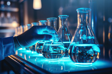 scientist in laboratory analyzing blue substance in beaker, conducting medical research for pharmace
