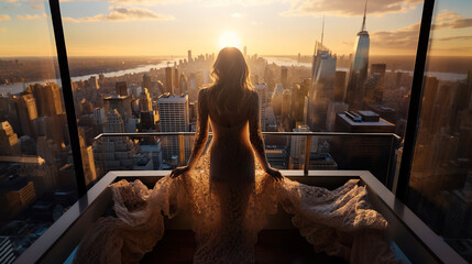 successful woman standing on luxury balcony, back view of rich female silhouette at sunset in new yo