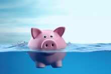 Piggy Bank Drowning In Debt, Concept Of Bankruptcy And Losing Money