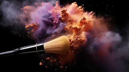 Wall Mural - Makeup brush with pink and purple powder explosion: colourful beauty splash, closeup of cosmetic product burst
