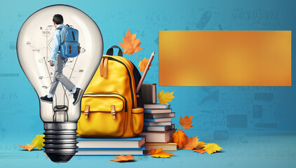 Blue banner with a yellow bright backpack, books, yellow flats and a light bulb inside which the schoolboy goes to knowledge, copy space for text, generated by AI