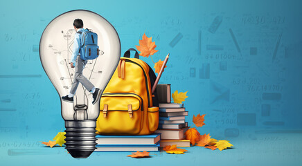 Blue banner with a yellow bright backpack, books, yellow flats and a light bulb inside which the schoolboy goes to knowledge, copy space for text, generated by AI
