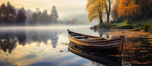 Peaceful Reflections: Wooden Row Boat On A Still Morning Pond