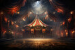 Circus tent with illuminations lights at night. Cirque facade. Festive attraction