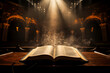 Angled overhead shot of a bible open on a pulpit with shafts of light