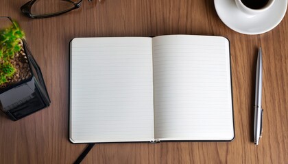 Wall Mural - Open a blank white notebook, pen and coffee on the desk