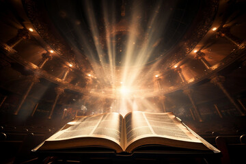 Angled overhead shot of a bible open on a pulpit with shafts of light