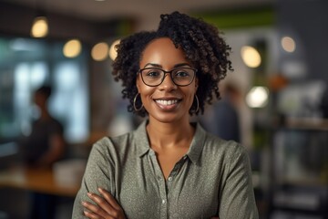 Wall Mural - Portrait of smiling african woman teacher posing with arms crossed in classroom, elementary to university educatio