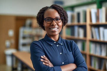 Wall Mural - Portrait of smiling african woman teacher posing with arms crossed in classroom, elementary to university educatio