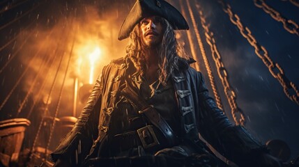 Pirate portrait, bearded man in costume on ship, movie character with hat