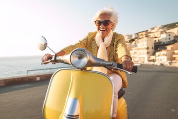 cheerful senior woman riding yellow scooter in italy, retired granny enjoying summer vacation, trend