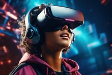 Teenager With VR Headset Exploring Metaverse, Playing Video Game In Neon Cyberpunk City Street Setting, Immersive Futuristic Virtual Reality Experience