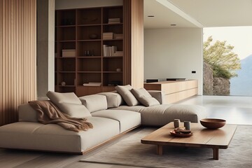 Cozy japandi home interior with beige sofa in living room