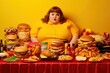 Fast food. Overweight obese woman facing stress eating, illustrating obesity issue and unhealthy lifestyle choices