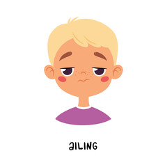 Sticker - Cute Ailing Blonde Boy Show Emotion and Face Expression Vector Illustration