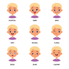 Poster - Cute Blonde Boy Show Different Emotion and Face Expression Vector Illustration Set