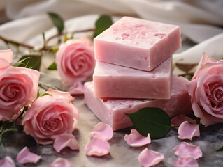 Natural handmade soap bars with roses oil, spa organic product, ai generated