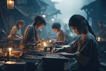 child labour, group of young poor asian children forced to work in a dark dangerous factory, the tra