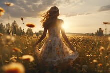 Young Woman In Dress Enjoying Summer Freedom, Walking In Flower Meadow At Sunset, Hand In Wheat Field, Country Sunshine, Beauty Of Countryside