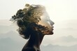 Double exposure portrait of woman blended with nature, forest trees form face, creative art of beauty and tranquility, abstract girl profile in green woods