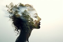 Double Exposure Portrait Of Woman Blended With Nature, Forest Trees Form Face, Creative Art Of Beauty And Tranquility, Abstract Girl Profile In Green Woods