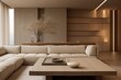 © iridescentstreet - Japandi living room interior with cozy beige couch, modern minimalist design of apartment