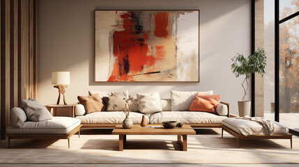 Wall Mural - Stylish Living Room Interior with a Frame Poster Mockup, Modern Interior Design, 3D Render, 3D Illustration