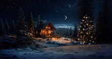 Starry night ,full moon ,winter forest , Christmas trees ,wooden cabin with light in windows, ,pine trees covered by snow ,winter Christmas festive background