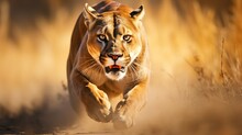 Adult Lioness Running At Full Speed In A Safari. Illustration For Cover, Card, Postcard, Interior Design, Decor Or Print.
