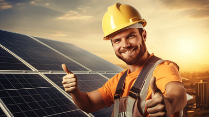 sustainable life: a worker next to solar panels with thumb up. generative ai