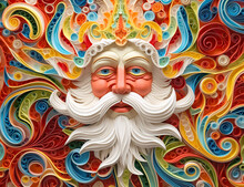 Santa Claus With Colorful Swirl Patterns, In The Style Of Paper Sculptures