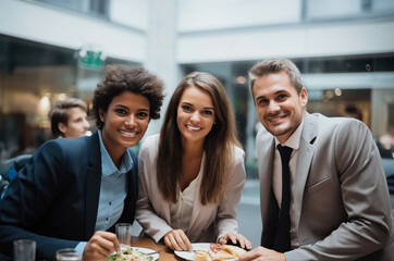 Wall Mural - Three people taking a break from work and sitting at a table