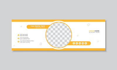 Wall Mural - Clean and simple email signature or email footer design template, personal social media cover design with place for photo, creative design with yellow abstract shapes, minimal editable layout