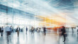 Blurred figures of business professionals strolling at an expo, conference, or within a contemporary hall, demonstrating motion speed blur, broad panoramic banner


Generative AI