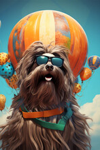 A Big Shaggy Dog In Sunglasses On A Balloon