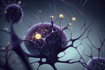 Canvas Print - Neuron, brain cell, neurons, nervous system purple color with glow on the ends