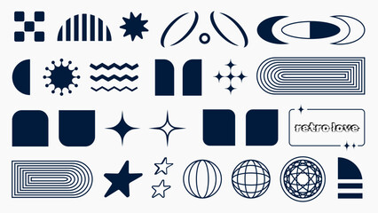 Poster - Set of retro geometric shapes, memphis forms, geometric emblems with primitive forms, y2k shapes, brutal design elements.