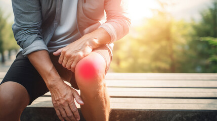 Man sitting down with knee pain, joint pain and arthritis concept, inflammation, copyspace