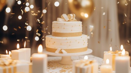 cake with candles, birthday cake, wedding cake, white and gold, golden cake, white cake, gifts and c