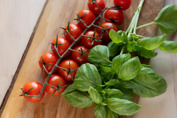 Fresh Italian sweet basil and tomatoes on a kitchen table in front of an open window at sunset