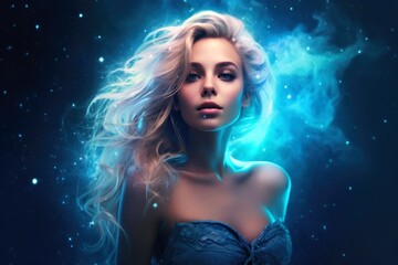 Wall Mural - Ethereal and mesmerizing woman portrait in a galaxy environment created with generative AI technology.