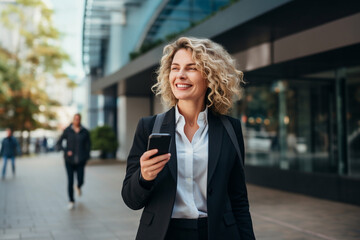 portrait of successful caucasian business woman having phone call outdoor. Middle age businesswoman in suit talking on smartphone, walking city urban street at business office center. High quality