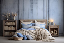 Bedroom Interior With Blank Textured Blue Wall. Wooden Vintage Furniture, Cozy Plaid. Country House In Rustic Style.