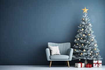 Beautiful Christmas tree with gifts near chair and dusty blue textured wall. Monochrome empty living room Wall scene mockup. Promotion background.